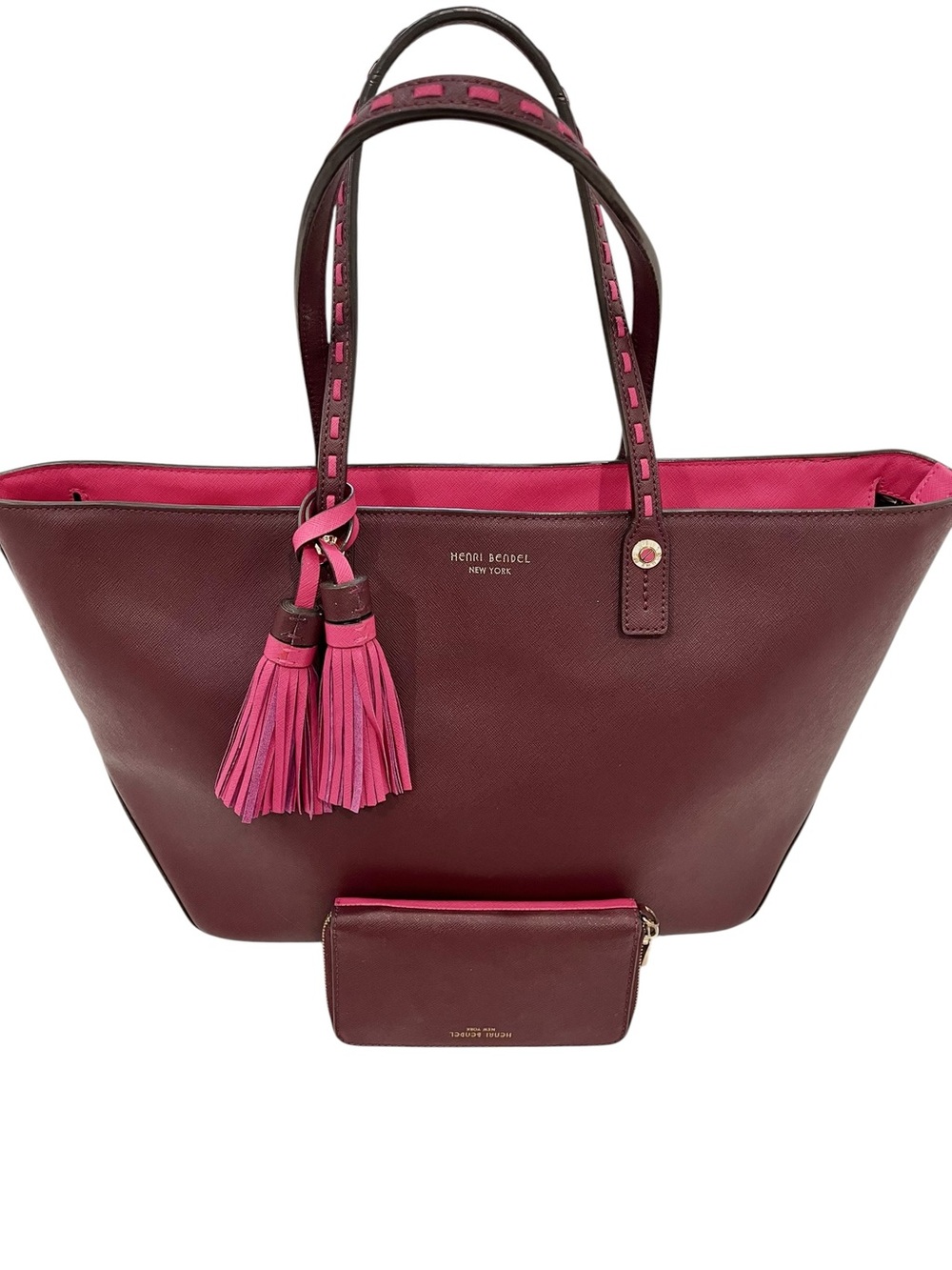 Henri Bendel West 57th Wine/Pink Saffiano Leather Tote & Matching Wallet NWOT